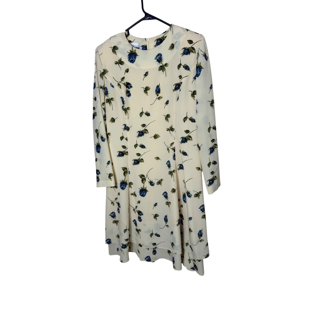 Leslie Fay Vintage Yellow Blue Rose Floral Long Sleeve Dress Size 14 Made in USA